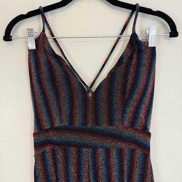 Fashion Nova Jumpsuit M Disco Metallic Rainbow Striped Sparkle Retro Party Black - Picture 3 of 8